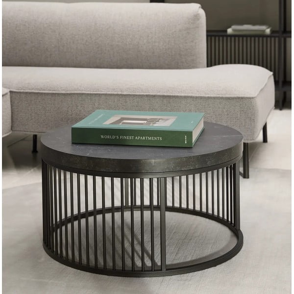 Măsuță de cafea neagră rotundă cu blat cu aspect de marmură ø 65 cm Strington – Actona-image-2