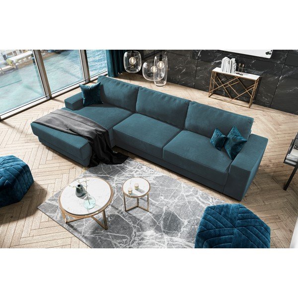 Colțar turcoaz extensibil cu tapițerie din catifea reiată Donatella – Milo Casa-image-1