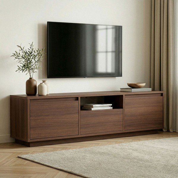 Comodă TV în culoare naturală închisă cu aspect de lemn de nuc 160x42x30 cm Sentinel – Kalune Design-image-1