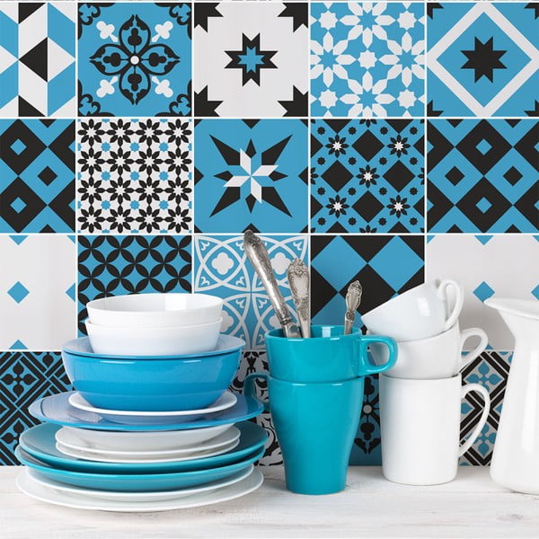 Set 24 autocolante de perete Ambiance Tiles Azulejos Ranjita, 10 x 10 cm