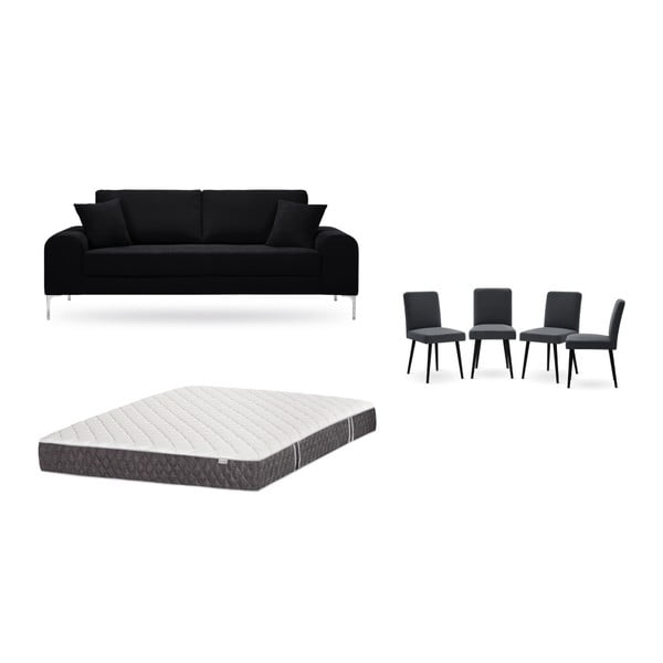 Set canapea neagră cu 3 locuri, 4 scaune gri antracit, o saltea 160 x 200 cm Home Essentials