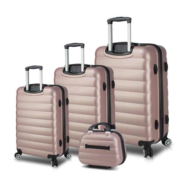 Set 3 valize cu roți, port USB și geantă cosmetică/voiaj My Valice RESSO Travel Set, roz