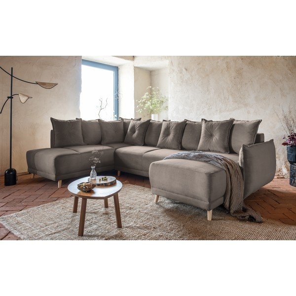 Colțar maro deschis extensibil cu tapițerie din catifea reiată  (colț stânga/în formă de "U") Lazy Lukka – Miuform-image-4