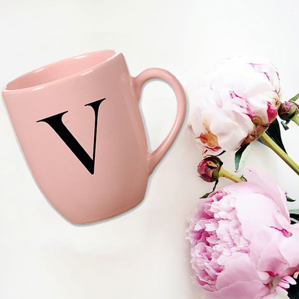 Cană din ceramică Vivas Letter V, 330 ml, roz