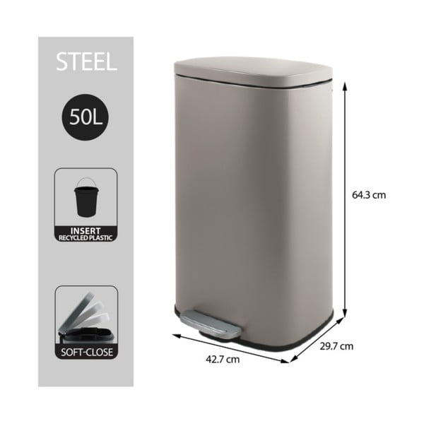 Coș de gunoi taupe cu pedală din oțel 50 l   Akira – Spirella-image-3