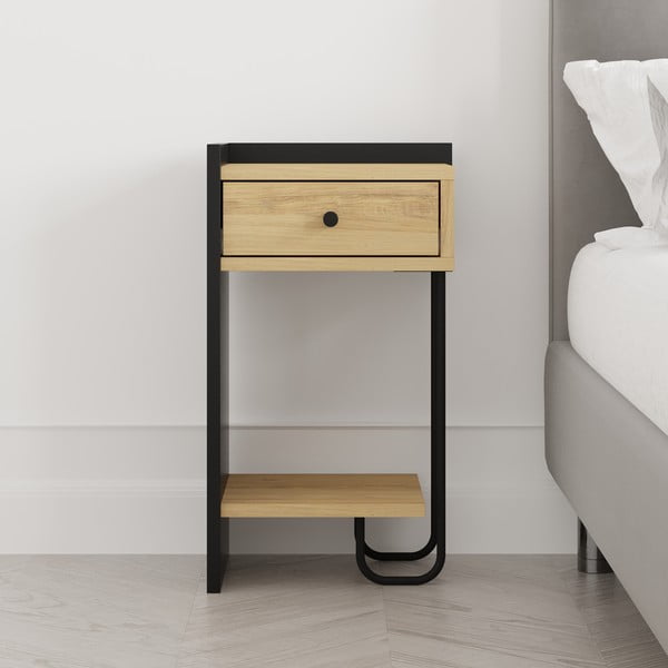 Noptieră neagră/în culoare naturală cu rafturi cu aspect de lemn de stejar Mercure – Marckeric-image-4