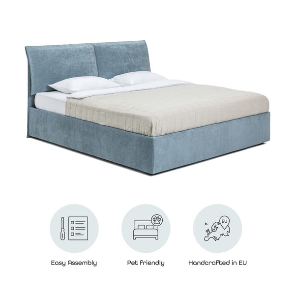 Pat matrimonial albastru tapițat cu spațiu de depozitare cu somieră 180x200 cm Thessa Pillow – Bonami Selection-image-4