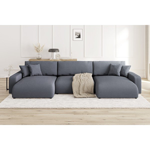 Colțar gri închis extensibil, cu spațiu de depozitare, cu tapițerie din catifea reiată Sara – Ropez-image-1