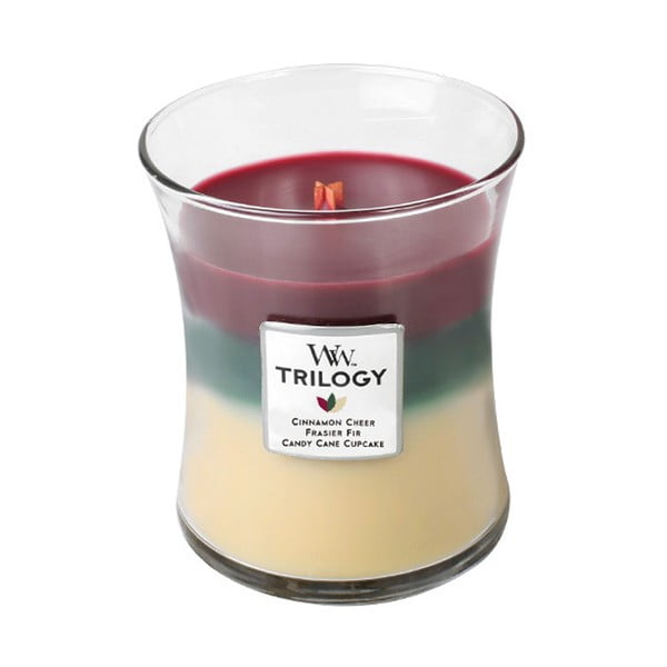 Lumânare parfumată WoodWick Trilogy, aromă de scorțișoară, brad și dulciuri, 60 ore