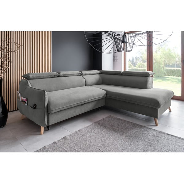 Colțar gri deschis extensibil cu tapițerie din catifea (cu colț pe partea dreaptă) Sweet Harmony – Miuform-image-3