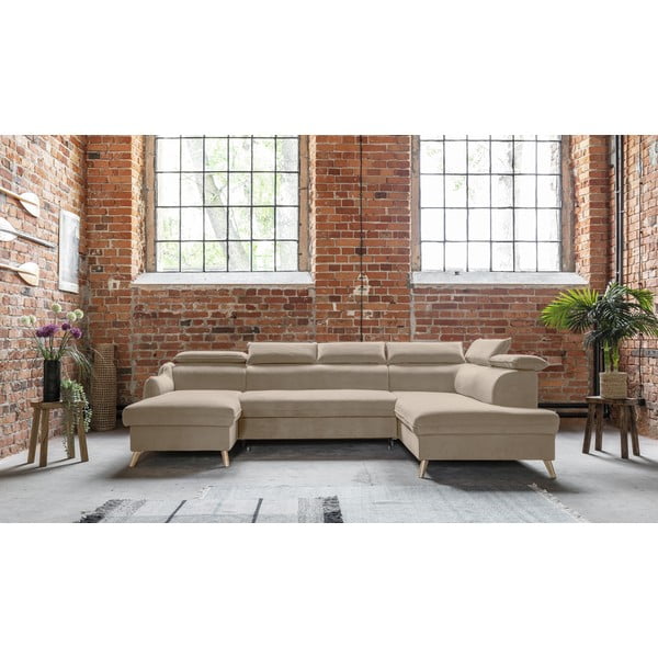 Colțar bej extensibil cu tapițerie din catifea (cu colț pe partea dreaptă/în formă de "U") Sweet Harmony – Miuform-image-1