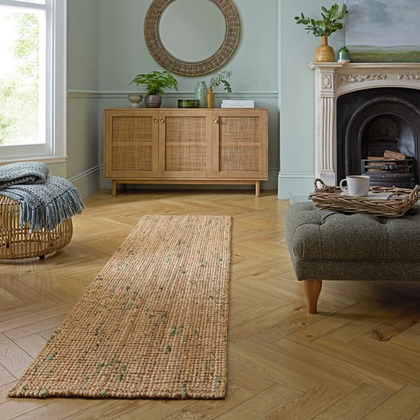 Covor tip traversă verde/în culoare naturală reversibil/țesut manual din iută 60x230 cm Jute Boucle Green – Flair Rugs-image-1