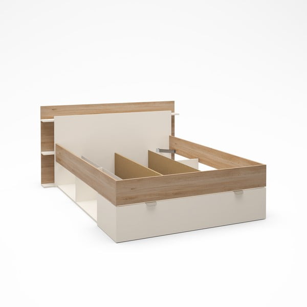 Pat matrimonial alb/în culoare naturală cu aspect de lemn de stejar cu spațiu de depozitare fără somieră 140x190 cm Albo – Marckeric-image-1