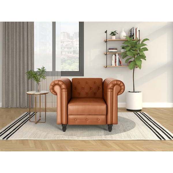 Fotoliu maro coniac chesterfield cu tapițerie din imitație de piele Felix – Støraa-image-1