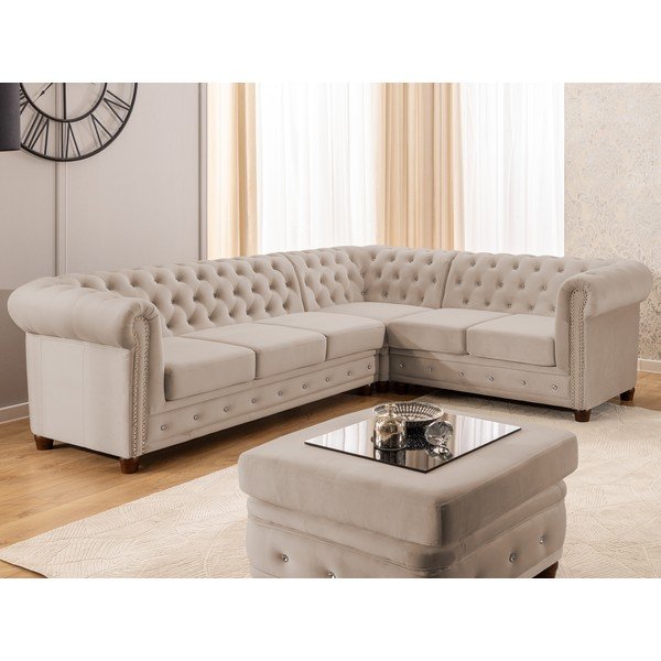 Colțar bej extensibil cu tapițerie din catifea (cu colț pe partea dreaptă/în formă de ”L”) York Blik – Ropez-image-1