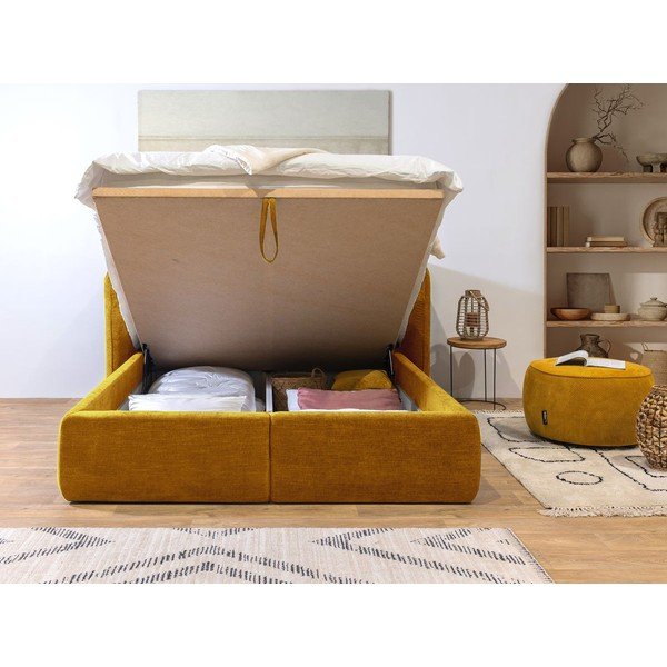 Pat matrimonial galben ocru tapițat cu spațiu de depozitare și somieră 160x200 cm Louise – Bobochic Paris-image-4