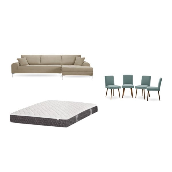 Set canapea taupe cu șezlong pe partea dreaptă, 4 scaune gri-verde și saltea 160 x 200 cm Home Essentials