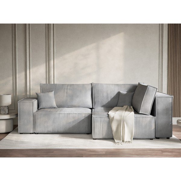 Colțar gri extensibil/cu spațiu de depozitare cu tapițerie din catifea reiată  (cu colț pe partea dreaptă/în formă de ”L”) Tonga – Maison de Rêve-image-1