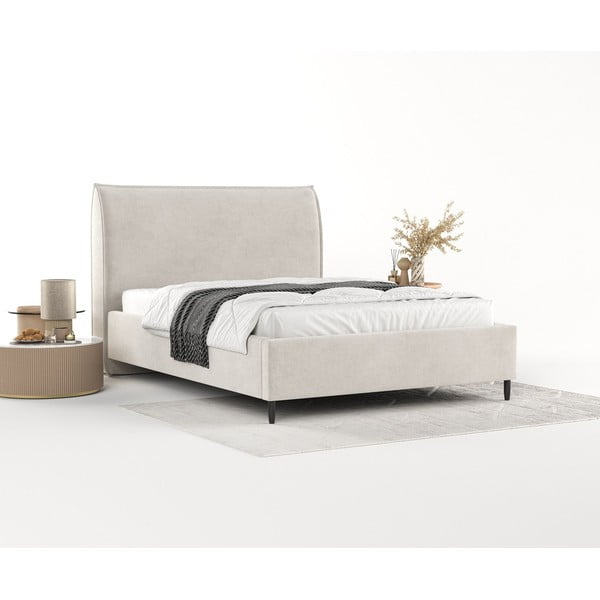 Pat matrimonial crem tapițat cu spațiu de depozitare cu somieră 140x200 cm Shell – Maison de Rêve-image-2