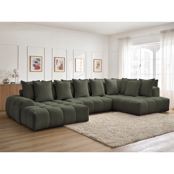 Colțar verde extensibil/cu spațiu de depozitare cu tapițerie din chenille (cu colț pe partea dreaptă/în formă de "U") Everest – Bobochic Paris-image-1
