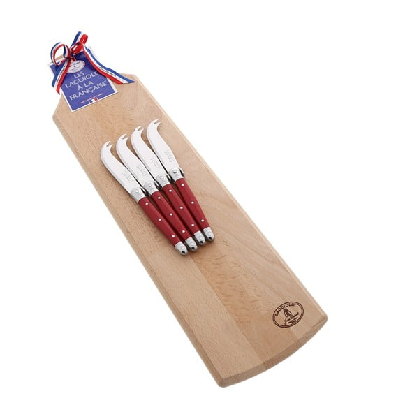Set 4 cuțite pentru brânzeturi și platou din lemn Jean Dubost A la Francaise, roșu