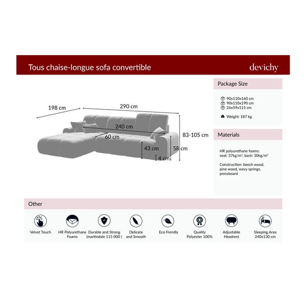 Canapea extensibilă din catifea cu șezlong pe partea dreaptă devichy Tous, verde închis-image-4