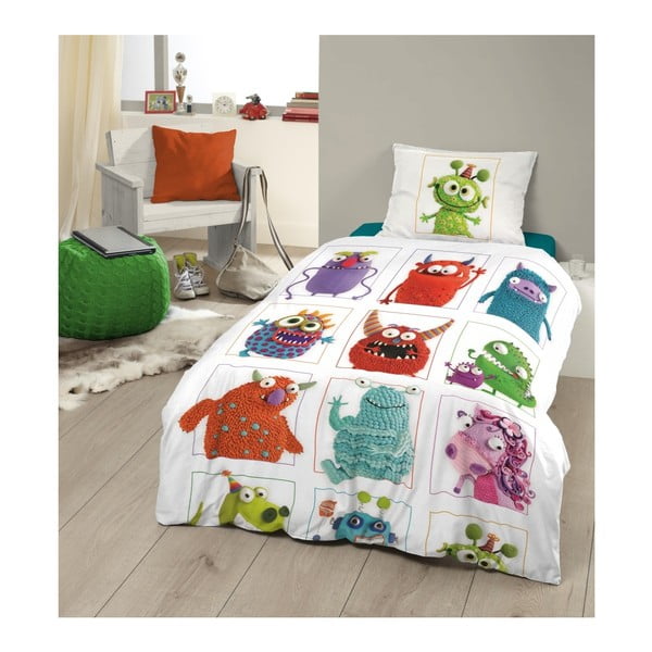 Lenjerie de pat pentru copii Müller Textiel Monsters, bumbac, 135 x 200 cm, alb-image-1