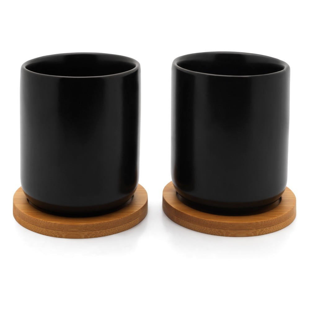 Set 2 căni din ceramică cu suport din bambus Bredemeijer Umea, 200 ml, negru