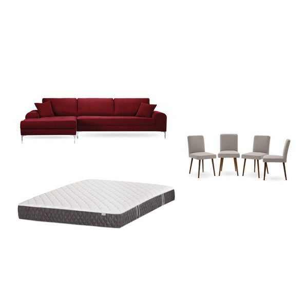 Set canapea roșie cu șezlong pe partea stângă, 4 scaune taupe și saltea 160 x 200 cm Home Essentials