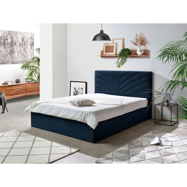 Pat matrimonial 160x200 cm albastru închis tapițat cu spațiu de depozitare cu somieră Palmyre – Bobochic Paris-image-1