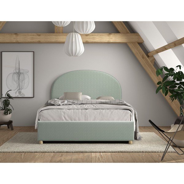 Pat matrimonial verde tapițat cu spațiu de depozitare cu somieră 140x200 cm Moon – Vipack-image-3