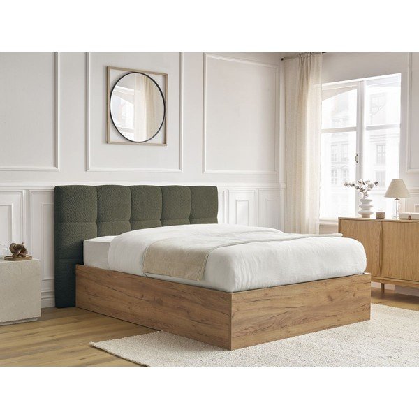 Pat matrimonial verde tapițat/din  placă aglomerată de lemn tapițat cu spațiu de depozitare cu somieră 160x200 cm Kumo – Bobochic Paris-image-2