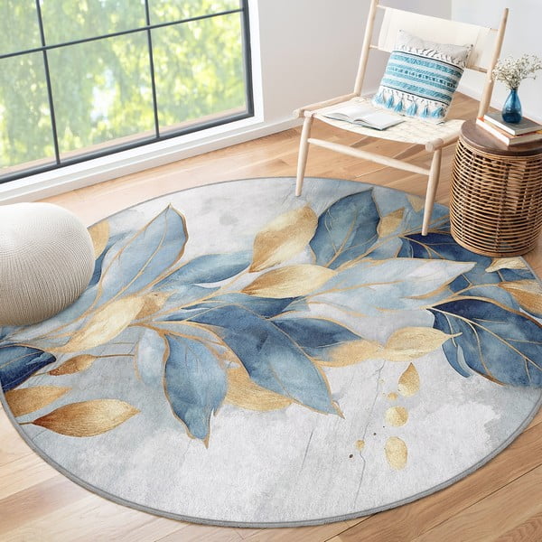 Covor albastru/auriu lavabil rotund ø 120 cm Golden Leaves – Mila Home-image-4