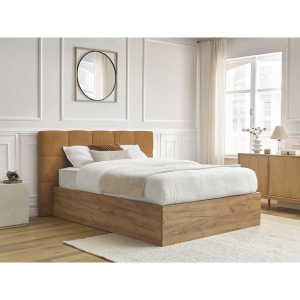 Pat matrimonial galben ocru tapițat/din  placă aglomerată de lemn tapițat cu spațiu de depozitare cu somieră 160x200 cm Kumo – Bobochic Paris-image-3