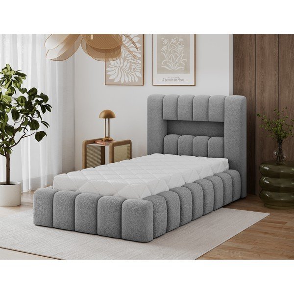 Pat gri tapițat cu spațiu de depozitare cu somieră 90x200 cm Lamica – ELTAP-image-1