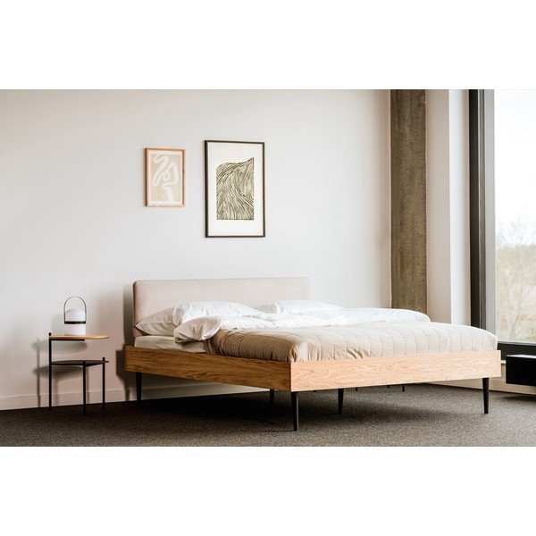 Pat matrimonial în culoare naturală tapițat/din  placă aglomerată de lemn cu aspect de lemn de stejar cu somieră 160x200 cm Streiko – noo.ma-image-1