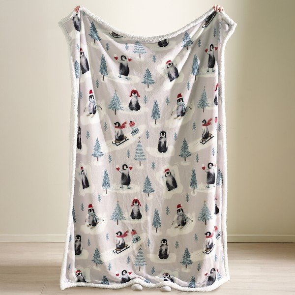 Pătură albă 170x130 cm  cu model de Crăciun Christmas Sherpa Penguins – Catherine Lansfield-image-1