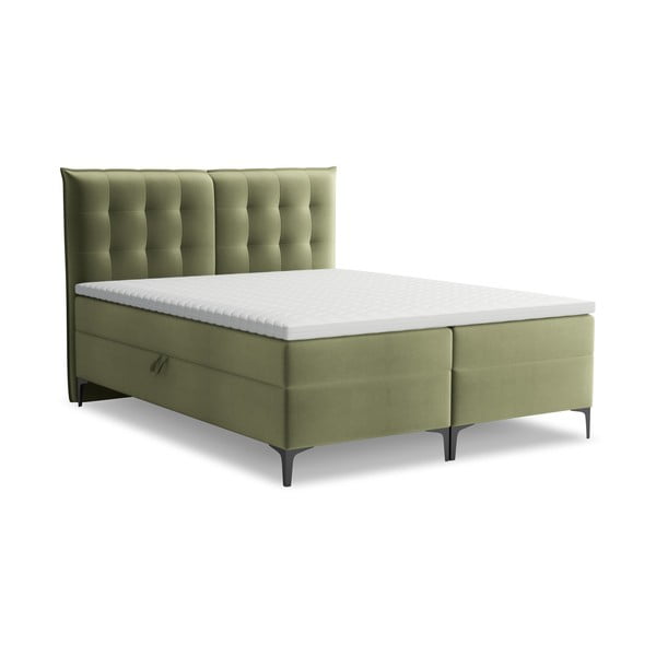 Pat boxspring verde cu spațiu de depozitare 140x200 cm Mikana – Makamii