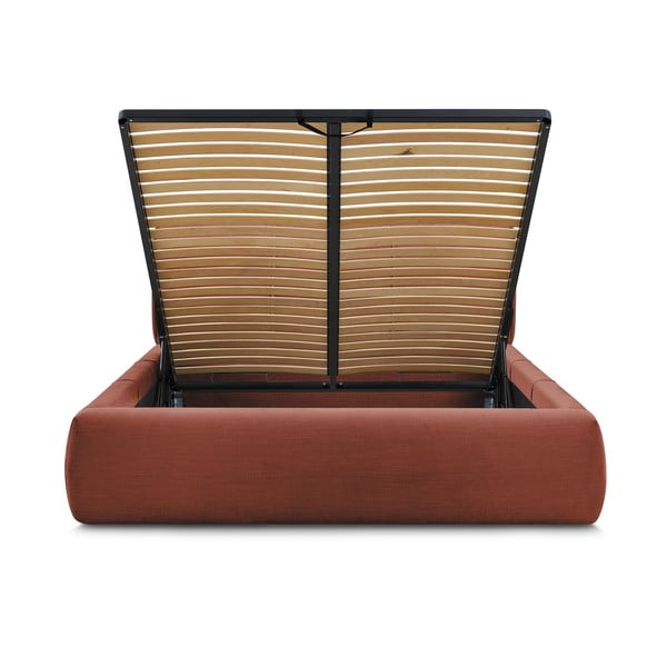 Pat matrimonial portocaliu tapițat cu spațiu de depozitare și somieră 180x200 cm Vernon – Bobochic Paris-image-4