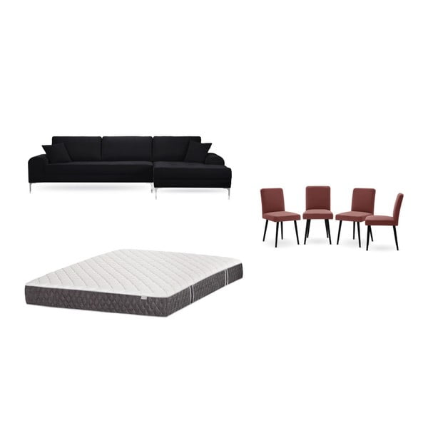 Set canapea neagră cu șezlong pe partea dreaptă, 4 scaune roșu cărămiziu și saltea 160 x 200 cm Home Essentials