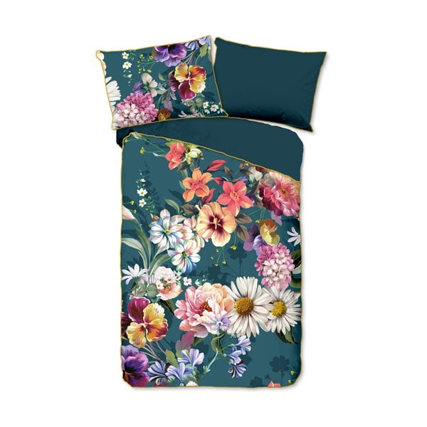 Lenjerie de pat din bumbac organic pentru pat de o persoană Descanso Sunflower, 140 x 220 cm, albastru petrol