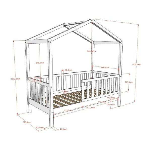 Pat pentru copii  gri antracit de tip casă din lemn de pin cu somieră 70x140 cm DALLAS – Vipack-image-4