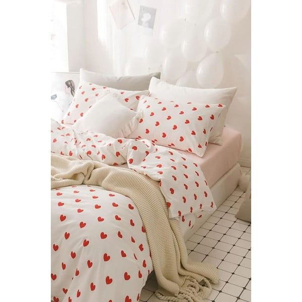 Lenjerie de pat crem din bumbac ranforcé pentru pat dublu/extins cu cearceaf inclus/cu 4 piese 200x220 cm Mini Hearts – Mila Home-image-2