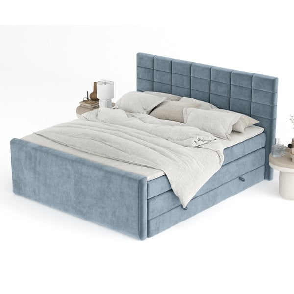 Pat boxspring albastru cu spațiu de depozitare 160x200 cm Ava – Maison de Rêve-image-4
