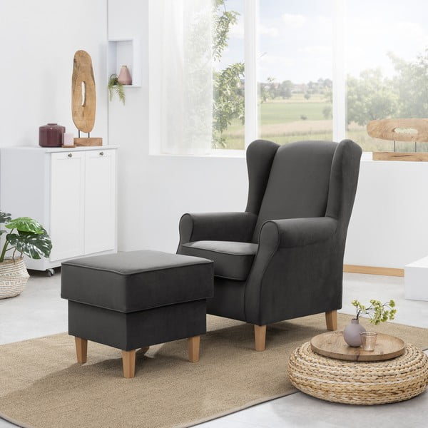 Fotoliu din catifea cu taburet pentru picioare Max Winzer Lorris, gri antracit-image-1