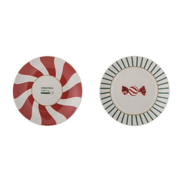 Farfurii roșii-crem 2 buc. pentru desert, din gresie ø 12,5 cm, cu model de Crăciun Yule – Bloomingville