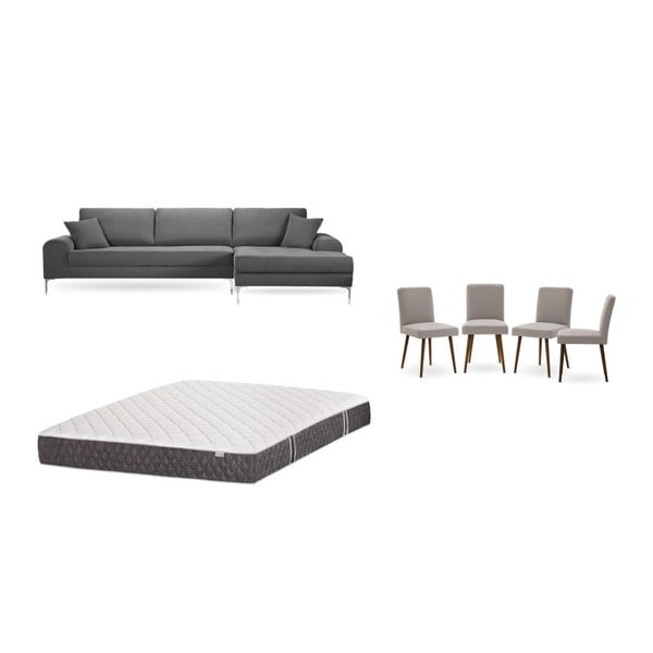 Set canapea gri cu șezlong pe partea dreaptă, 4 scaune taupe și saltea 160 x 200 cm Home Essentials