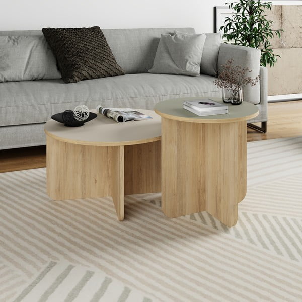 Măsuțe de cafea crem/în culoare naturală 2 buc. rotunde cu aspect de lemn de stejar ø 70 cm Hillary – Marckeric-image-2