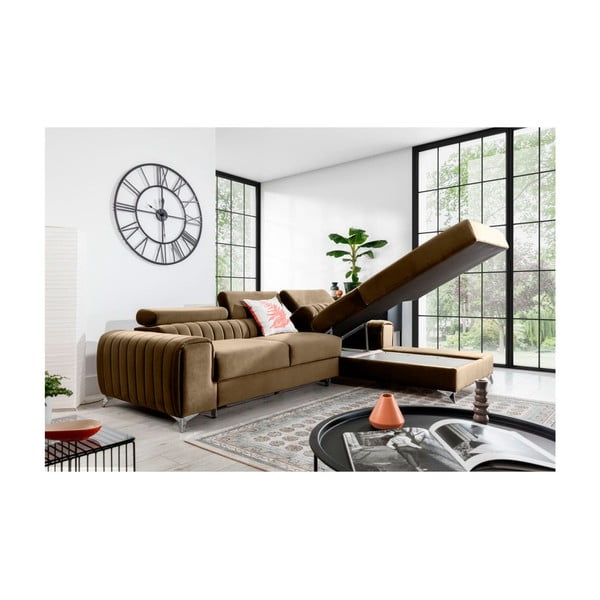 Colțar maro deschis extensibil/cu spațiu de depozitare cu tapițerie din catifea (cu colț pe partea dreaptă/cu șezlong) Grayson – ELTAP-image-3