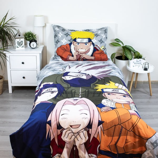 Lenjerie de pat pentru copii din bumbac pentru pat de o persoană 140x200 cm Naruto "Grey" – Jerry Fabrics-image-1